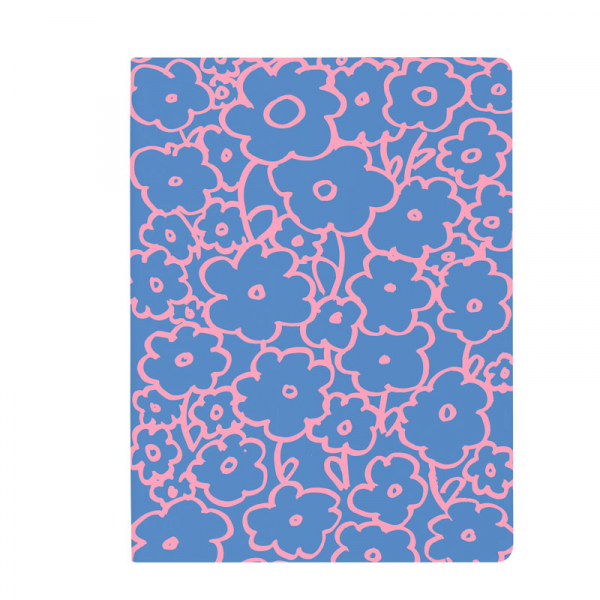 Nuuna, Notizbuch,Flex-Cover aus recyceltem Leder Seiten Punktraster,Flower Power, bedruckt Blumenmotiv blau-rosa, front